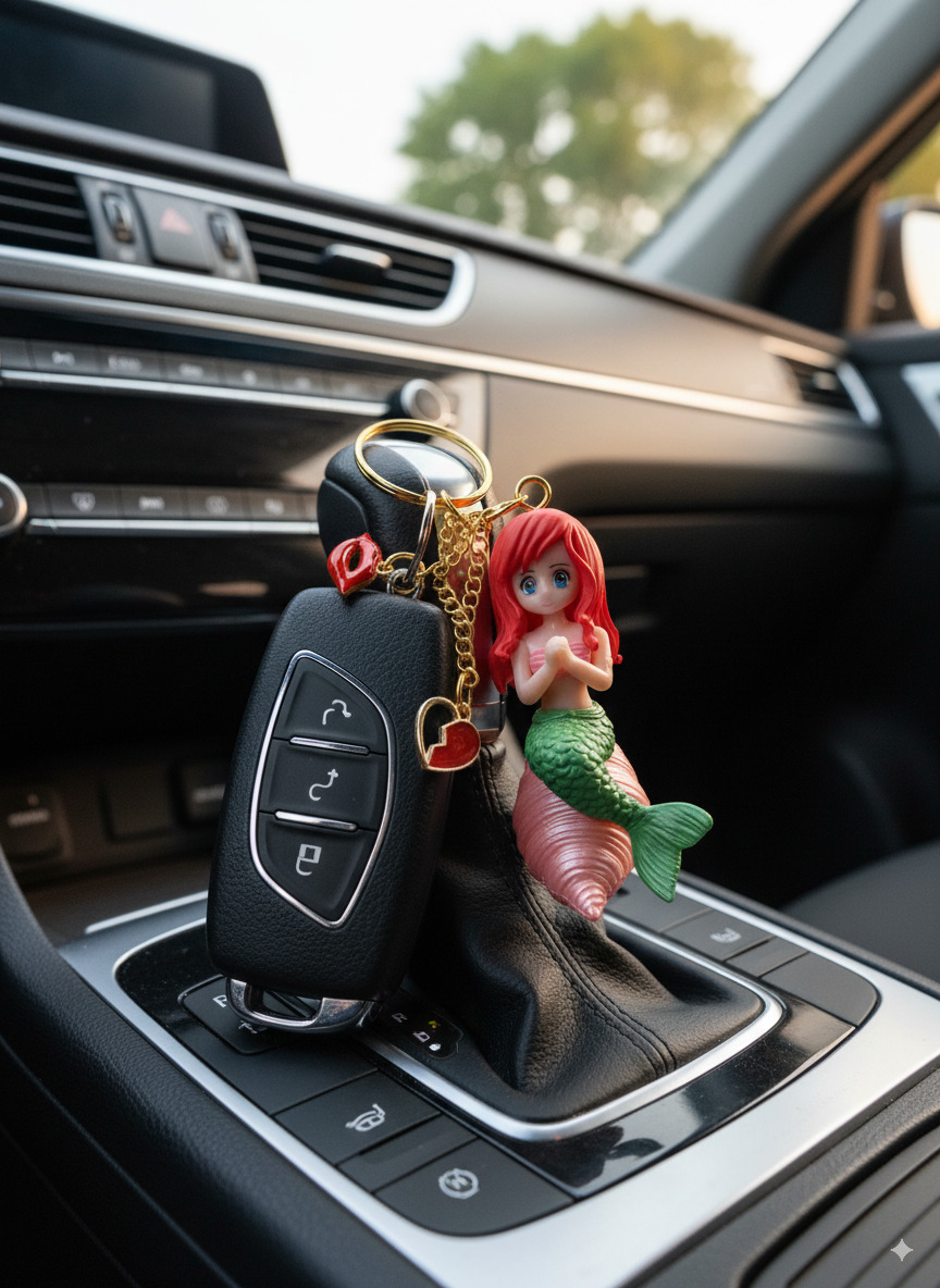 Cute Mermaid Princess Key chain with Red Lip & Heart Charms - Image 3