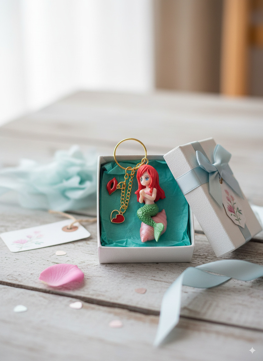 Cute Mermaid Princess Key chain with Red Lip & Heart Charms - Image 4