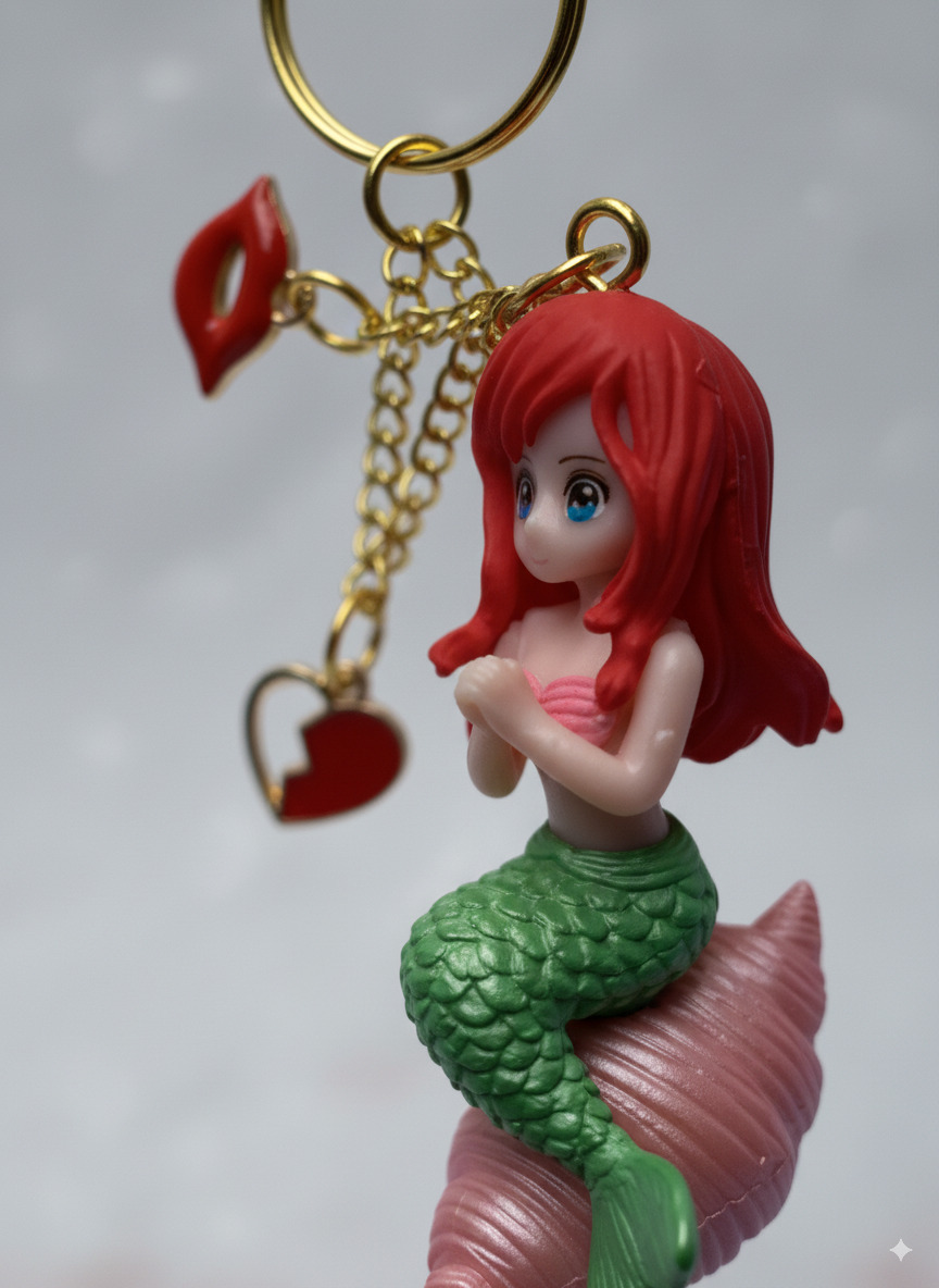 Cute Mermaid Princess Key chain with Red Lip & Heart Charms - Image 6