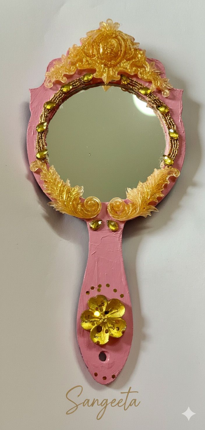 Ornate Hand Mirror | Handmade Pink & Gold Vintage Design - Image 6