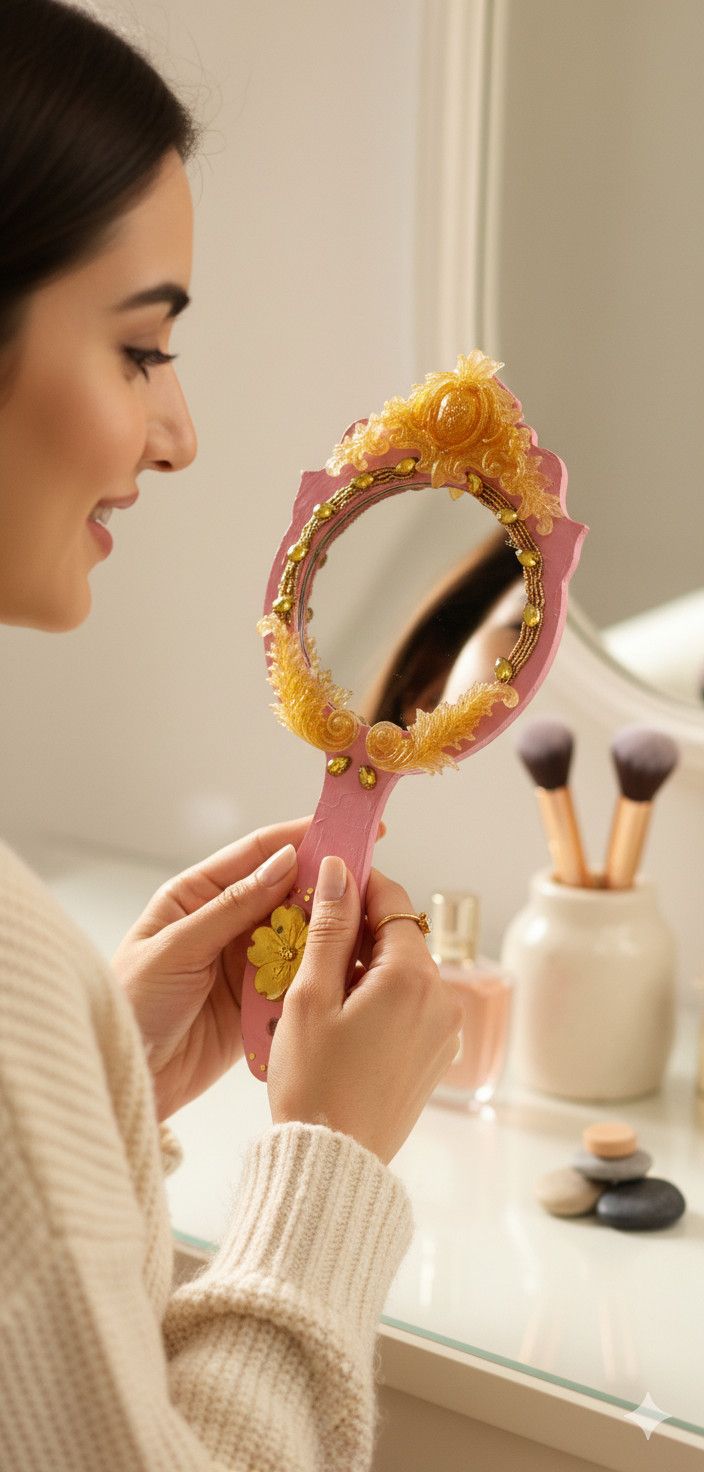 A woman holding the pink and gold ornate hand mirror at her vanity.