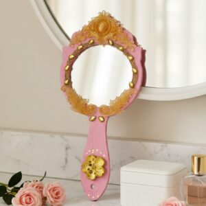 Front view of the Enchanted Rose handmade ornate hand mirror in pink and gold.