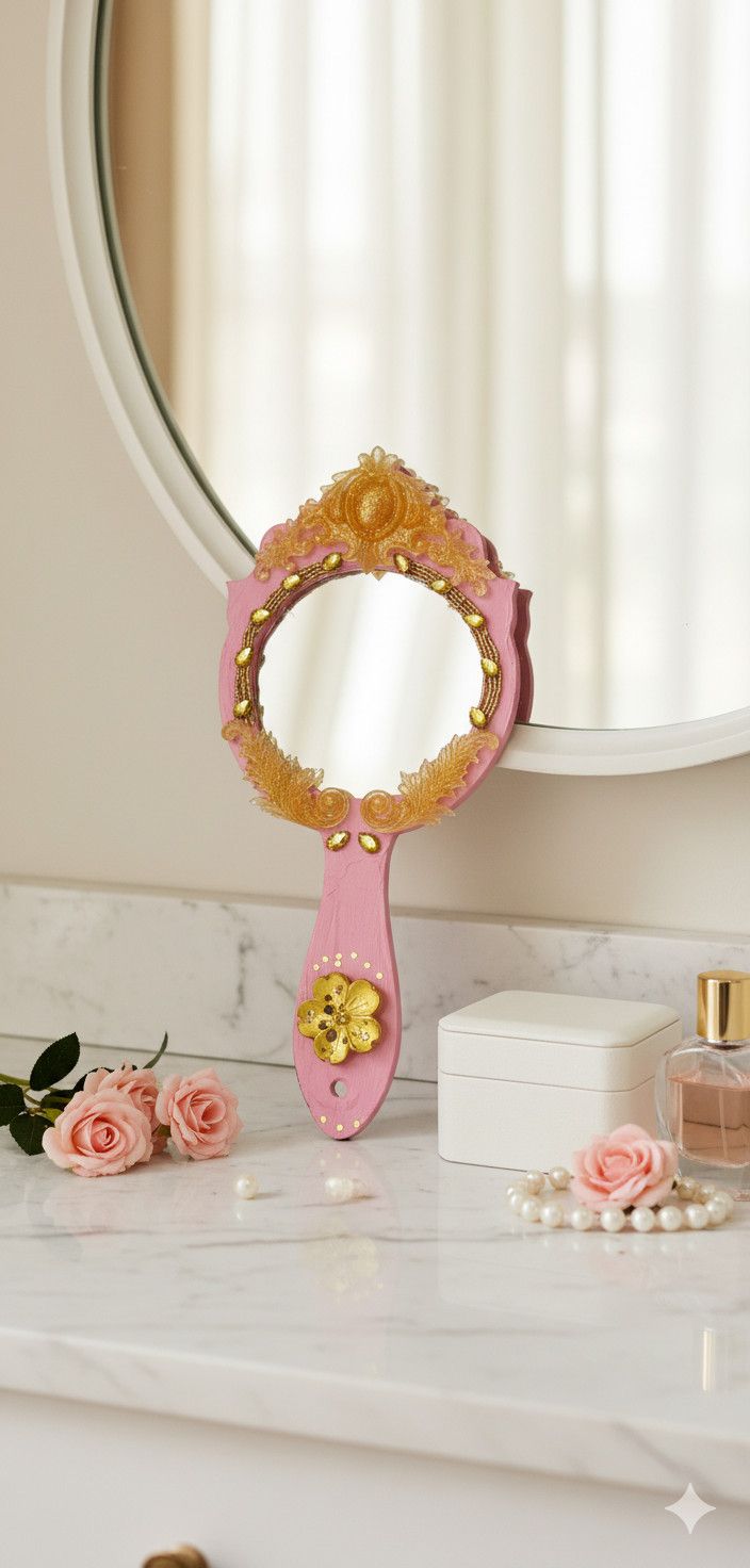 Front view of the Enchanted Rose handmade ornate hand mirror in pink and gold.
