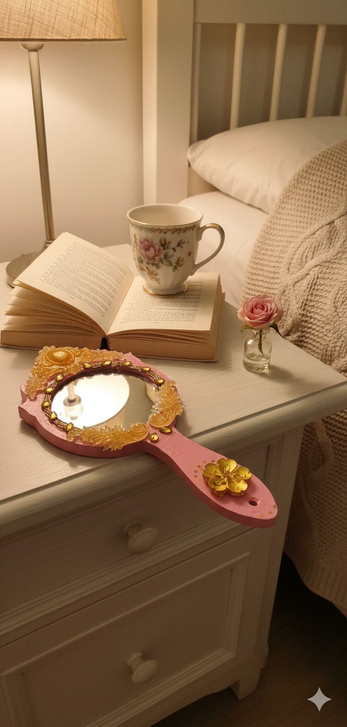 Ornate Hand Mirror | Handmade Pink & Gold Vintage Design - Image 2
