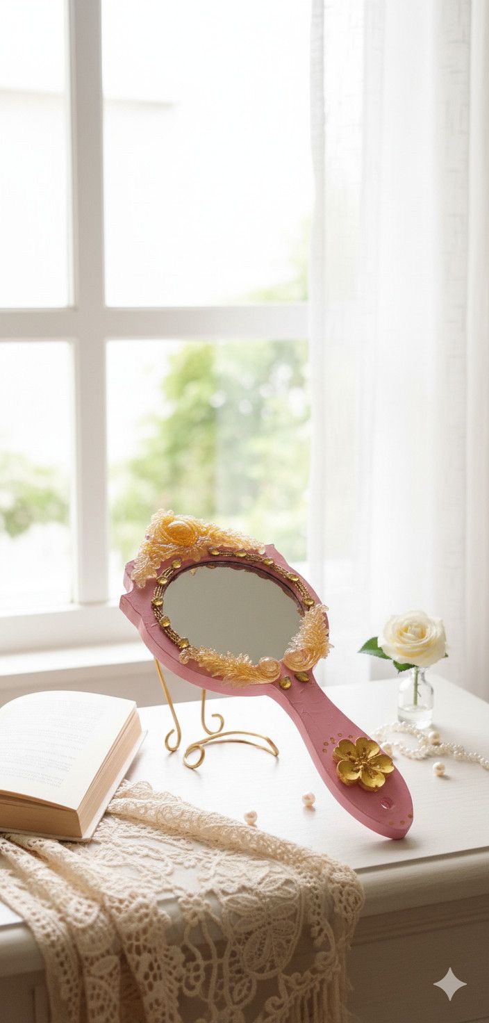 Ornate Hand Mirror | Handmade Pink & Gold Vintage Design - Image 5