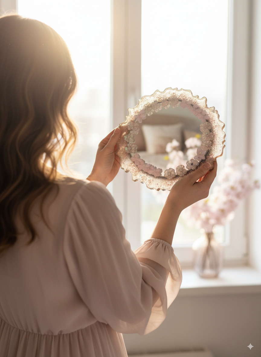 Handmade Floral Resin Art Mirror - Small Decorative Vanity & Purse Mirror for Women - Image 3