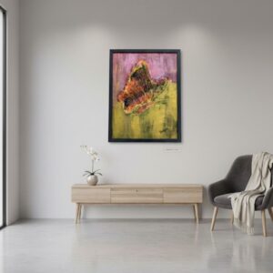 Original abstract butterfly painting on canvas with yellow and pink background, framed in black.