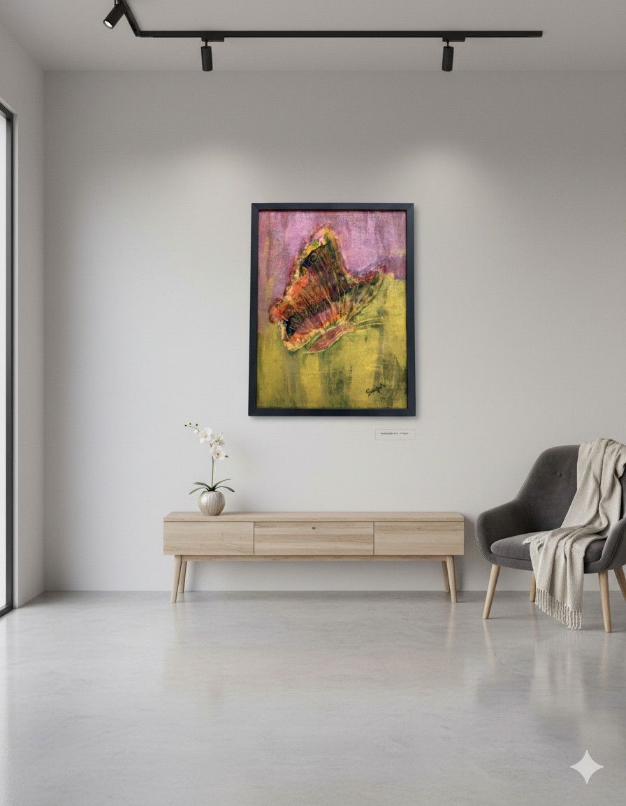 Original abstract butterfly painting on canvas with yellow and pink background, framed in black.